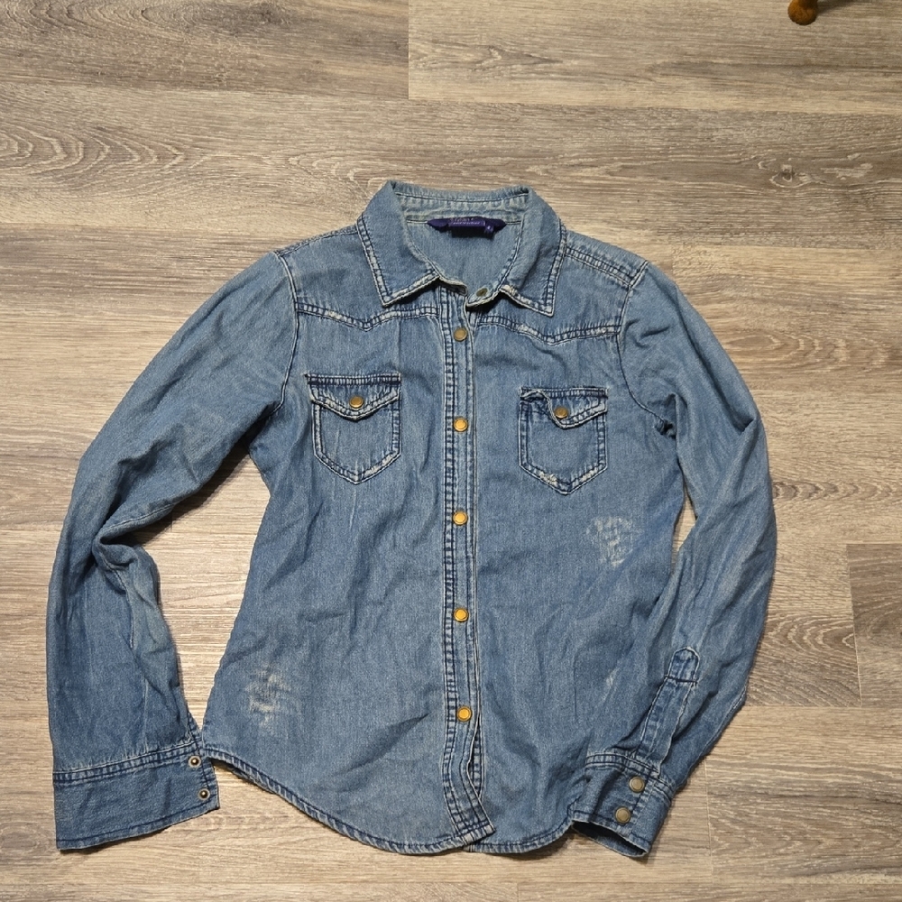 Miley Cyrus Distressed Denim Snap Shirt Sz Small